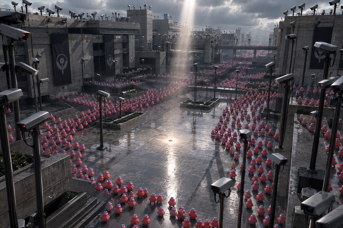 A concrete civic plaza ringed with surveillance cameras all angled toward a single crumb