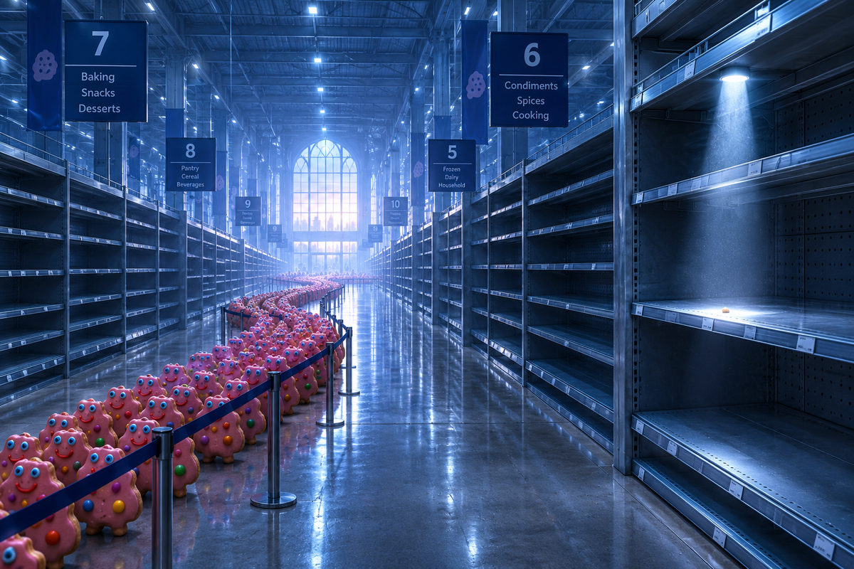 An enormous supermarket with completely bare shelves and a long orderly queue of pink blob cookies