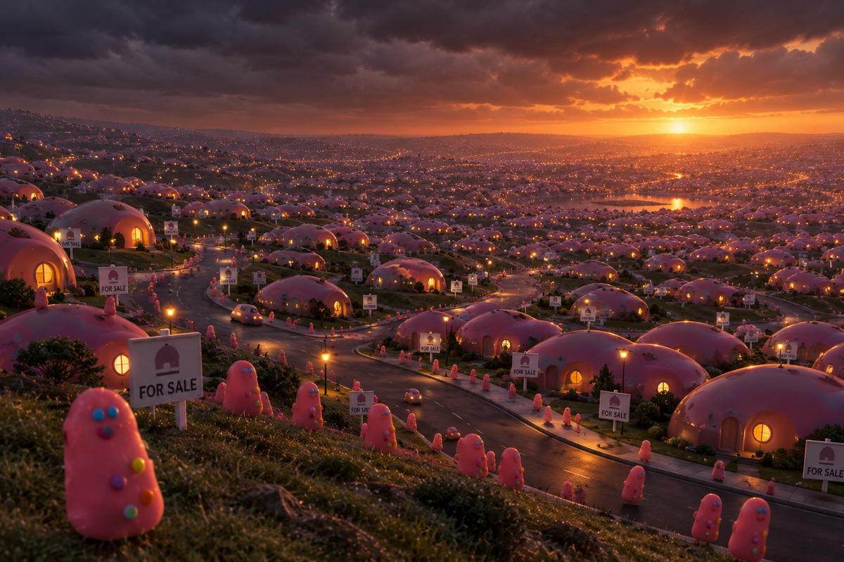 An endless suburb of identical domed round houses under an overcast sky