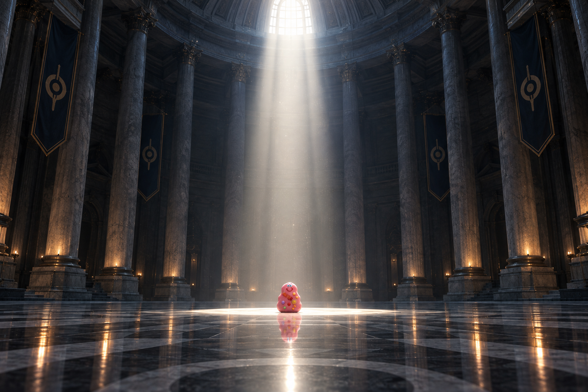 A single pink blob cookie alone in a vast marble hall under a shaft of light