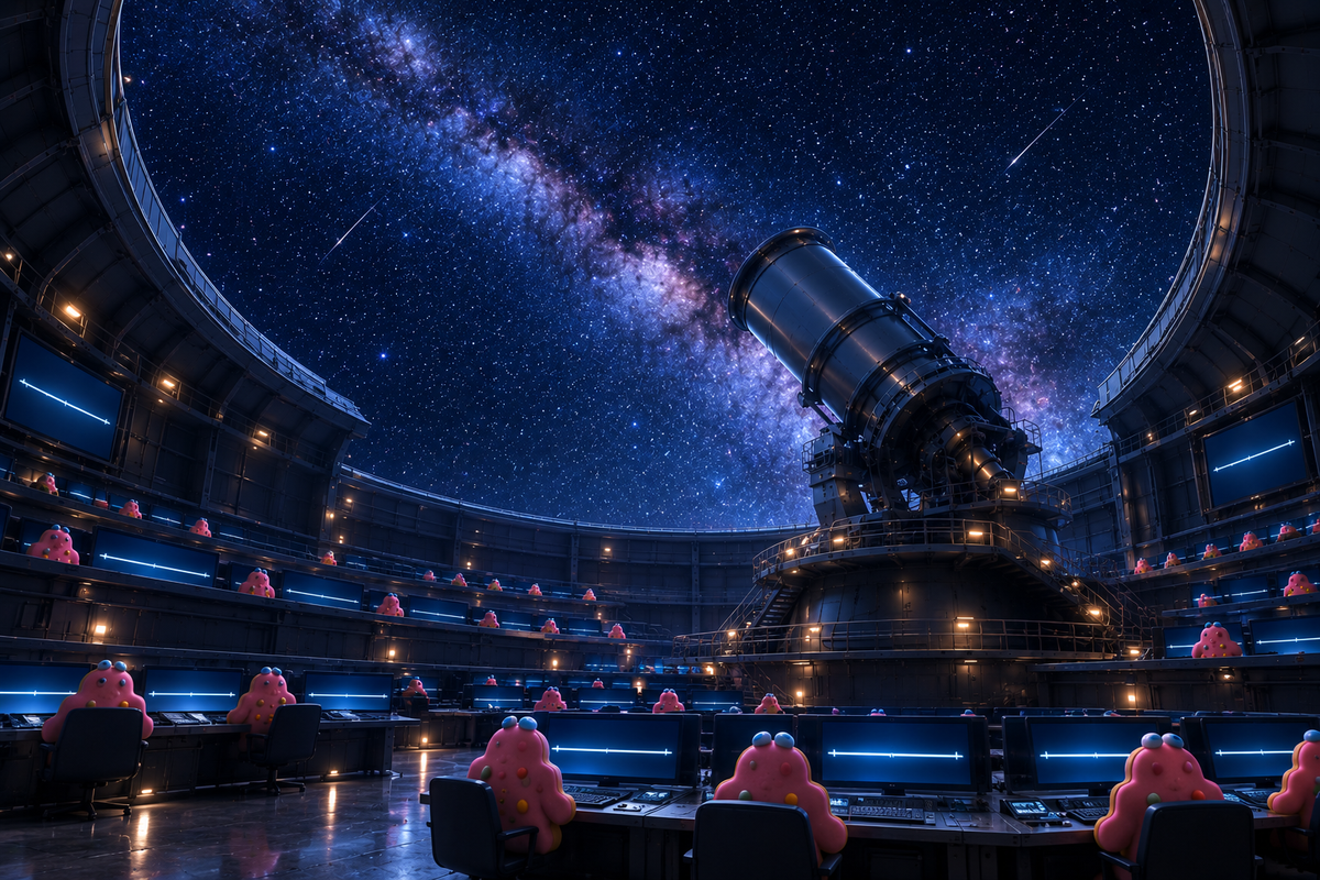 A giant observatory at night, blob cookies at control desks below screens showing flat lines