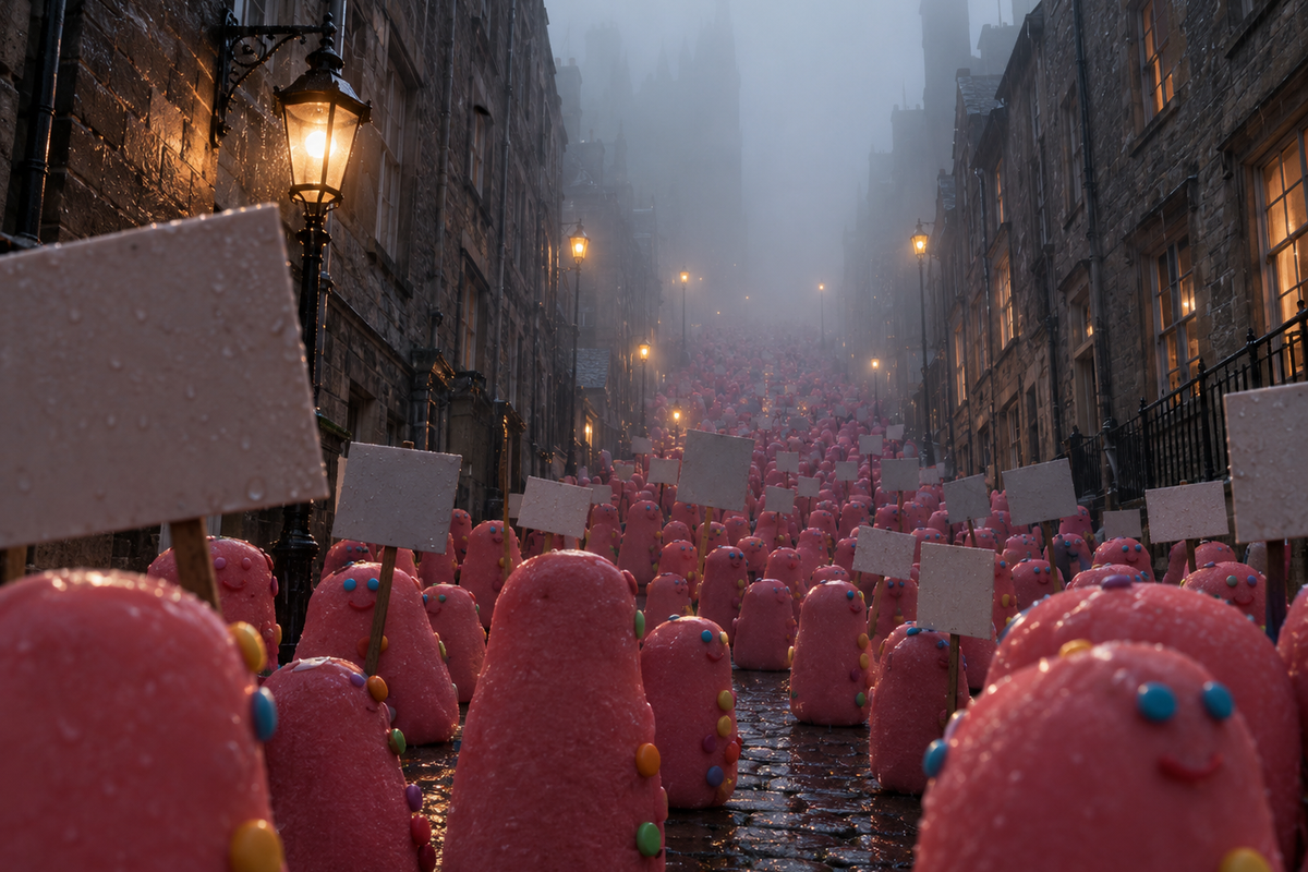 A dense crowd of pink blob cookies standing motionless at the foot of a steep cobbled street