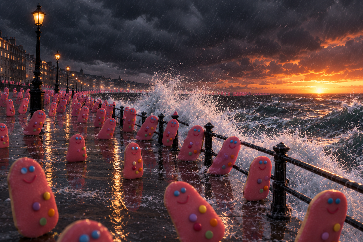 Pink blob cookies roped to a seafront railing as waves break over a promenade at sunset